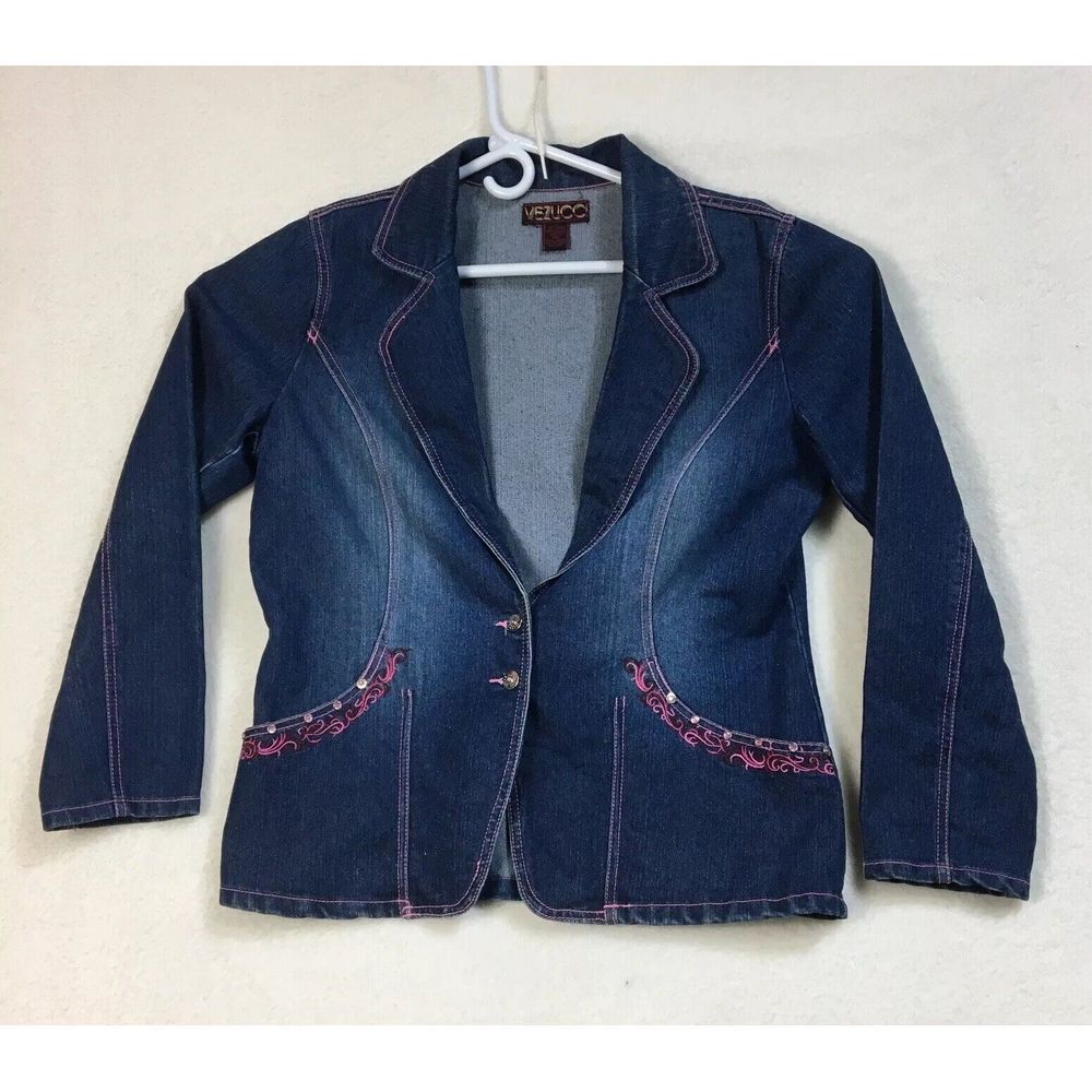 Vtg Vezucci Denim Jacket Womens‎ Sz L Embroidered Rinestones Faded Blue Cowgirl